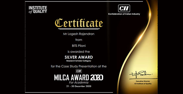 BITS Pilani student won CII MILCA AWARD 2020 – National Award for Academia. (SILVER AWARD)